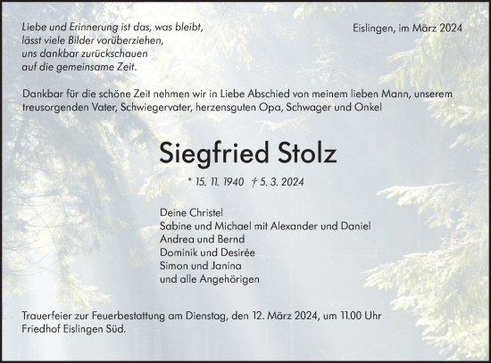 Traueranzeige von Siegfried Stolz von NWZ Neue Württembergische Zeitung