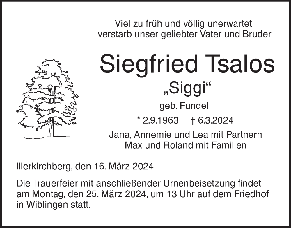  Traueranzeige für Siegfried Tsalos vom 16.03.2024 aus SÜDWEST PRESSE Ausgabe Ulm/Neu-Ulm