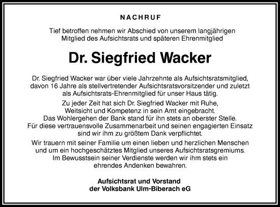 Traueranzeige von Siegfried Wacker von SÜDWEST PRESSE Ausgabe Ulm/Neu-Ulm