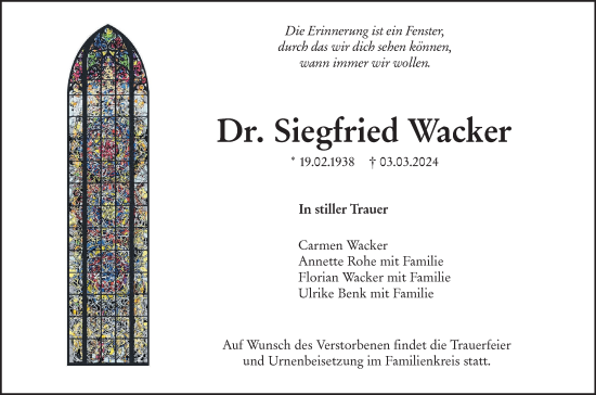 Traueranzeige von Siegfried Wacker von SÜDWEST PRESSE Ausgabe Ulm/Neu-Ulm