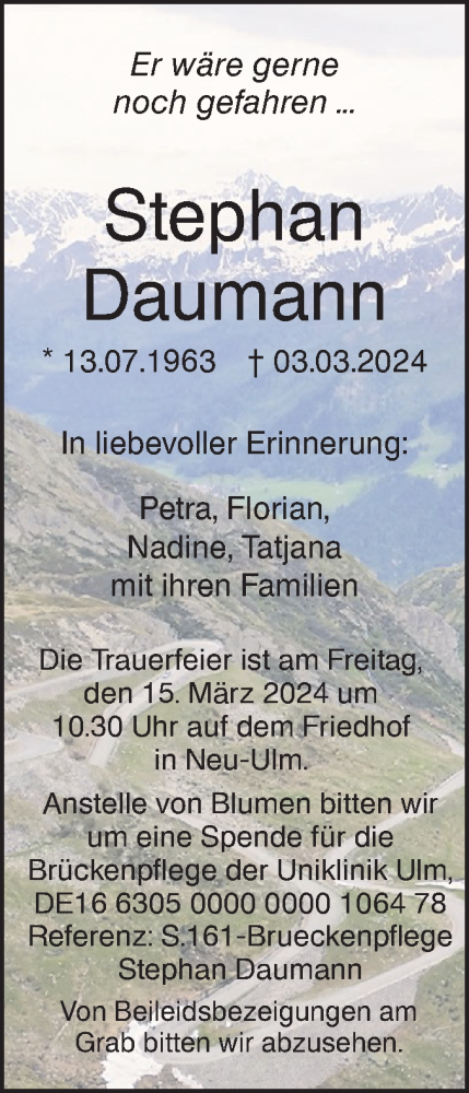 Traueranzeige von Stephan Daumann von SÜDWEST PRESSE Ausgabe Ulm/Neu-Ulm
