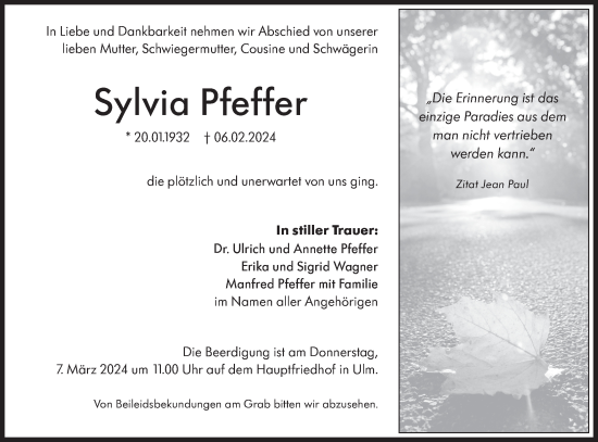 Traueranzeige von Sylvia Pfeffer von SÜDWEST PRESSE Ausgabe Ulm/Neu-Ulm