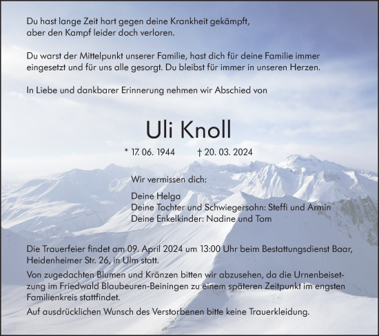 Traueranzeige von Uli Knoll von SÜDWEST PRESSE Ausgabe Ulm/Neu-Ulm