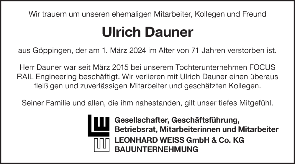  Traueranzeige für Ulrich Dauner vom 23.03.2024 aus NWZ Neue Württembergische Zeitung