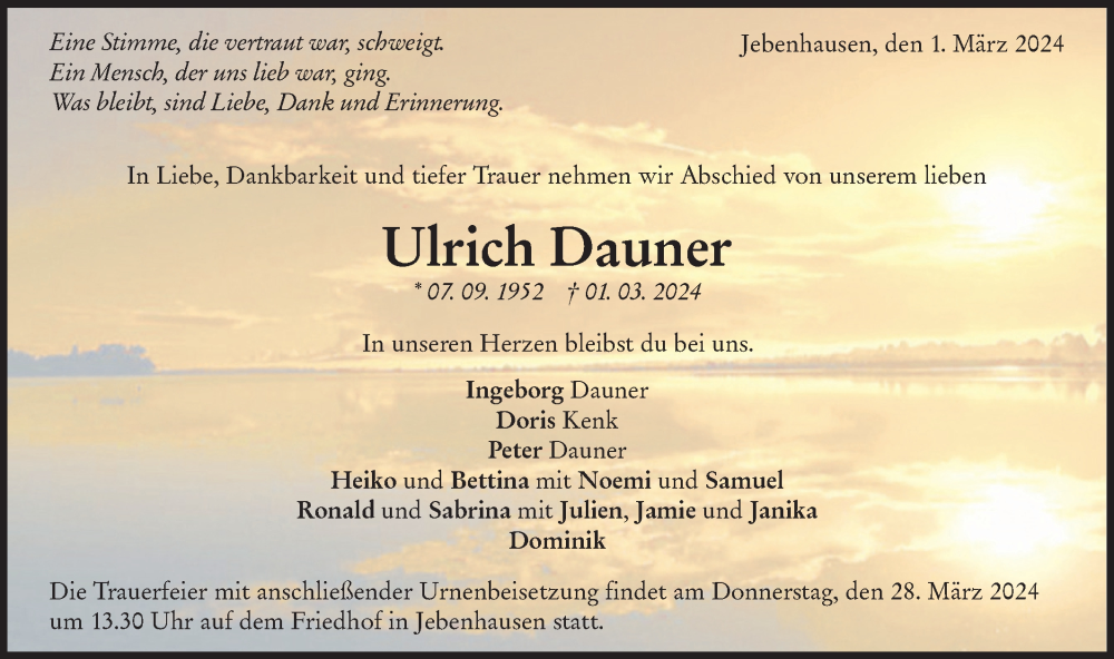  Traueranzeige für Ulrich Dauner vom 23.03.2024 aus NWZ Neue Württembergische Zeitung