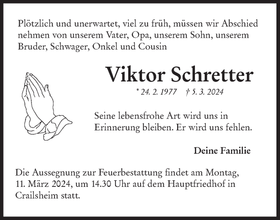 Traueranzeige von Viktor Schretter von Hohenloher Tagblatt