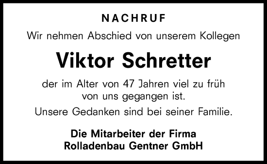 Traueranzeige von Viktor Schretter von Hohenloher Tagblatt