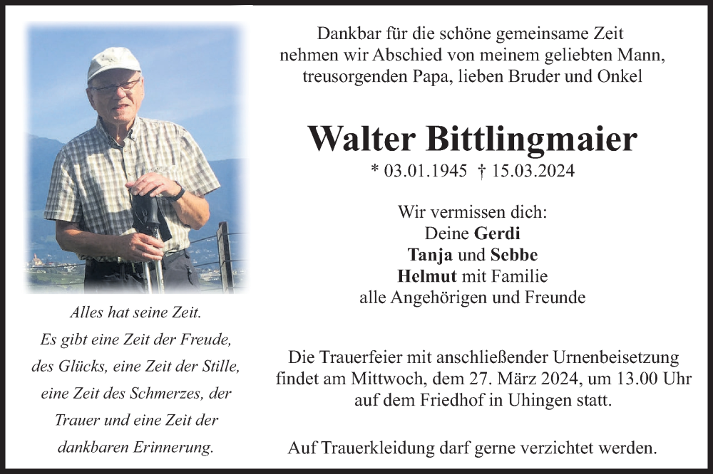  Traueranzeige für Walter Bittlingmaier vom 23.03.2024 aus NWZ Neue Württembergische Zeitung