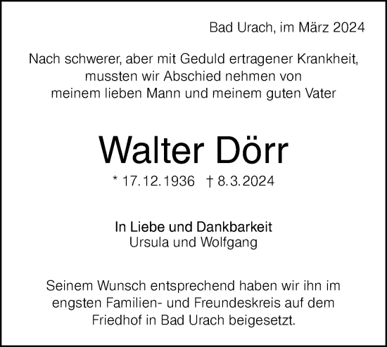Traueranzeige von Walter Dörr von Alb-Bote/Metzinger-Uracher Volksblatt