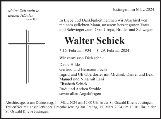 Traueranzeige von Walter Schick von Ehinger Tagblatt