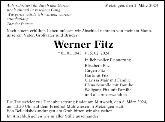 Traueranzeige von Werner Fitz von SÜDWEST PRESSE/SÜDWEST PRESSE