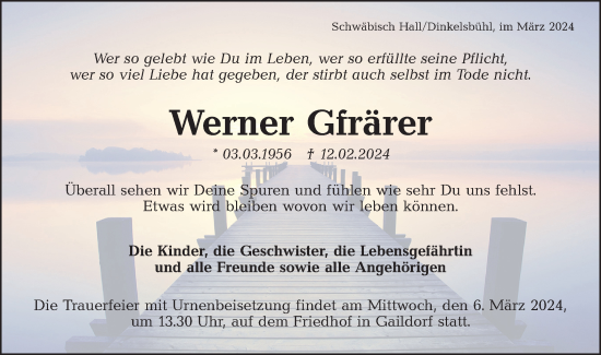 Traueranzeige von Werner Gfrärer von Haller Tagblatt