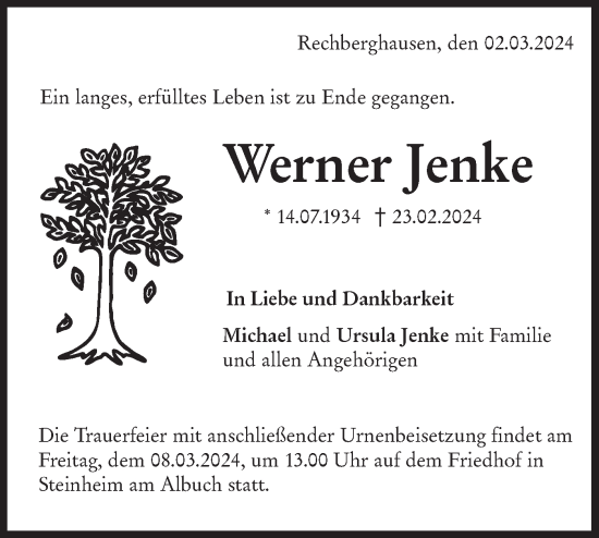 Traueranzeige von Werner Jenke von NWZ Neue Württembergische Zeitung