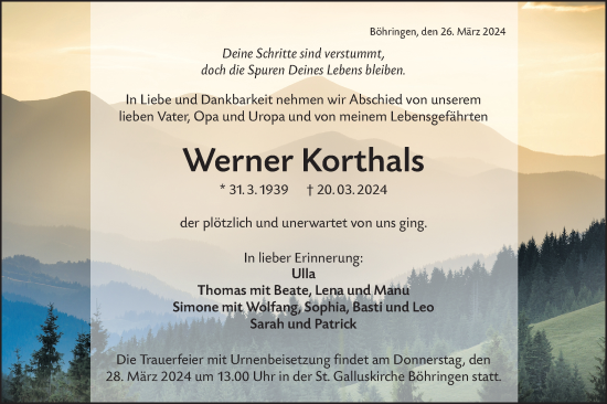 Traueranzeige von Werner Korthals von Alb-Bote/Metzinger-Uracher Volksblatt