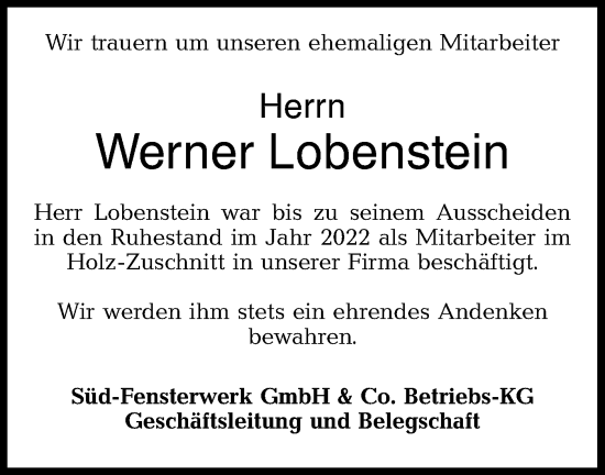 Traueranzeige von Werner Lobenstein von Hohenloher Tagblatt