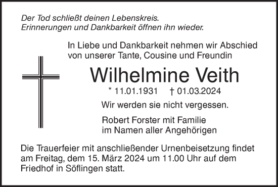 Traueranzeige von Wilhelmine Veith von SÜDWEST PRESSE Ausgabe Ulm/Neu-Ulm