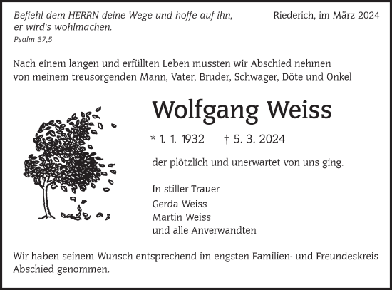 Traueranzeige von Wolfgang Weiss von Alb-Bote/Metzinger-Uracher Volksblatt