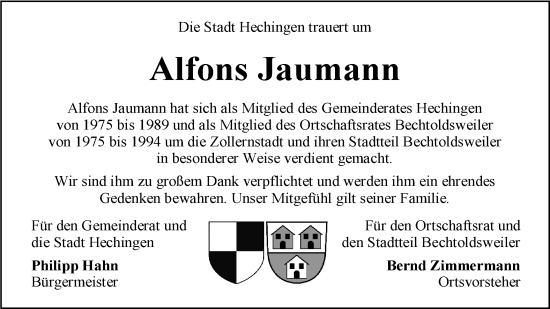 Traueranzeige von Alfons Jaumann von SÜDWEST PRESSE Zollernalbkreis/Hohenzollerische Zeitung