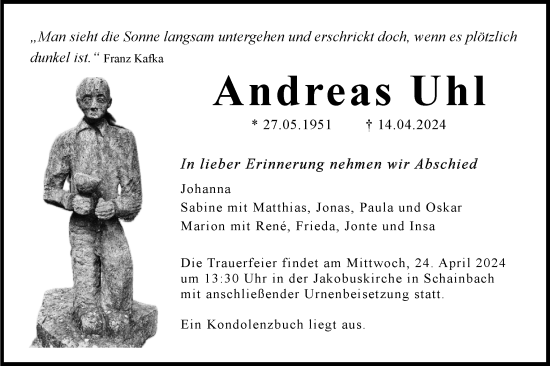 Traueranzeige von Andreas Uhl von Hohenloher Tagblatt