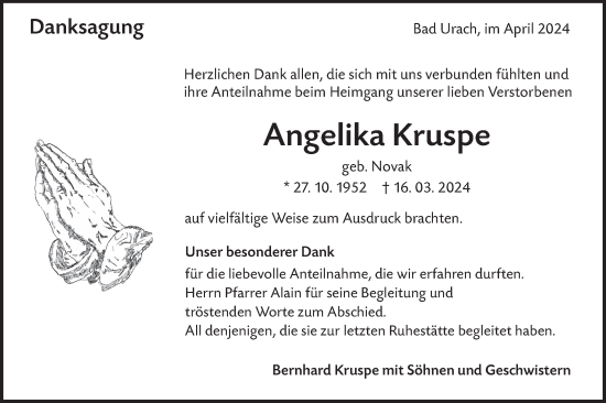 Traueranzeige von Angelika Kruspe von Alb-Bote/Metzinger-Uracher Volksblatt