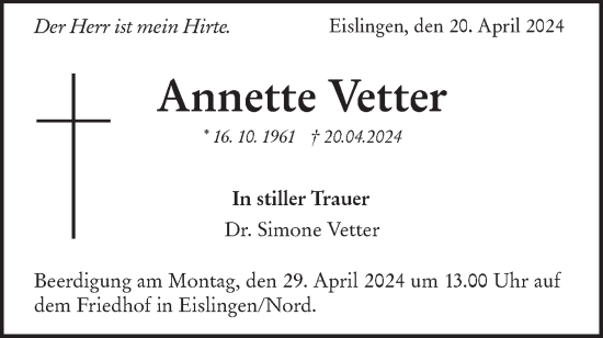 Traueranzeige von Annette Vetter von NWZ Neue Württembergische Zeitung