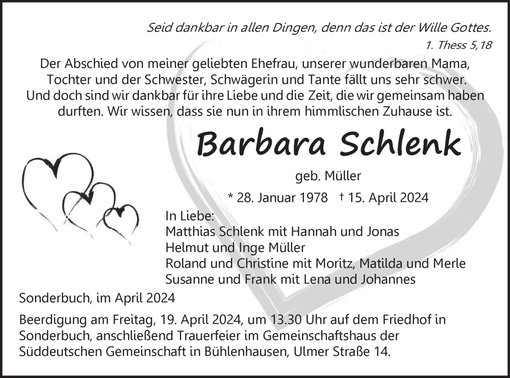  Traueranzeige für Barbara Schlenk vom 18.04.2024 aus SÜDWEST PRESSE Ausgabe Ulm/Neu-Ulm