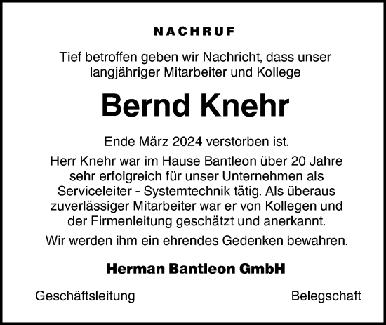 Traueranzeige von Bernd Knehr von SÜDWEST PRESSE Ausgabe Ulm/Neu-Ulm