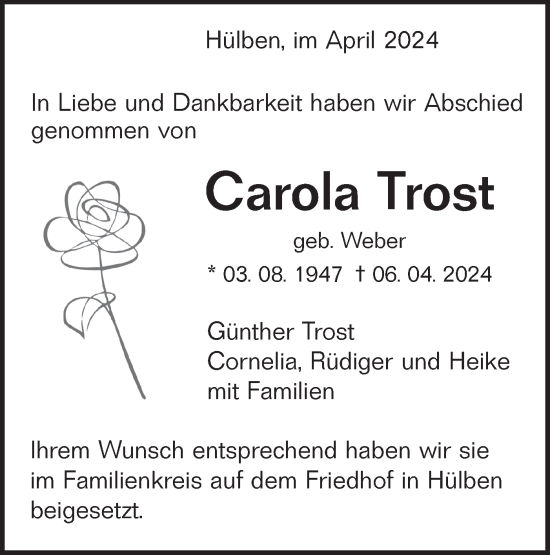 Traueranzeige von Carola Trost von Alb-Bote/Metzinger-Uracher Volksblatt