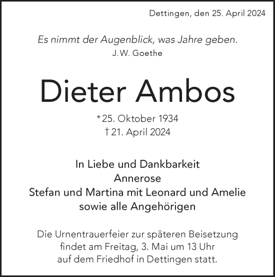 Traueranzeige von Dieter Ambos von Alb-Bote/Metzinger-Uracher Volksblatt