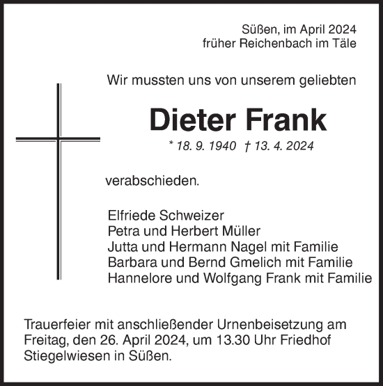 Traueranzeige von Dieter Frank von NWZ Neue Württembergische Zeitung/Geislinger Zeitung