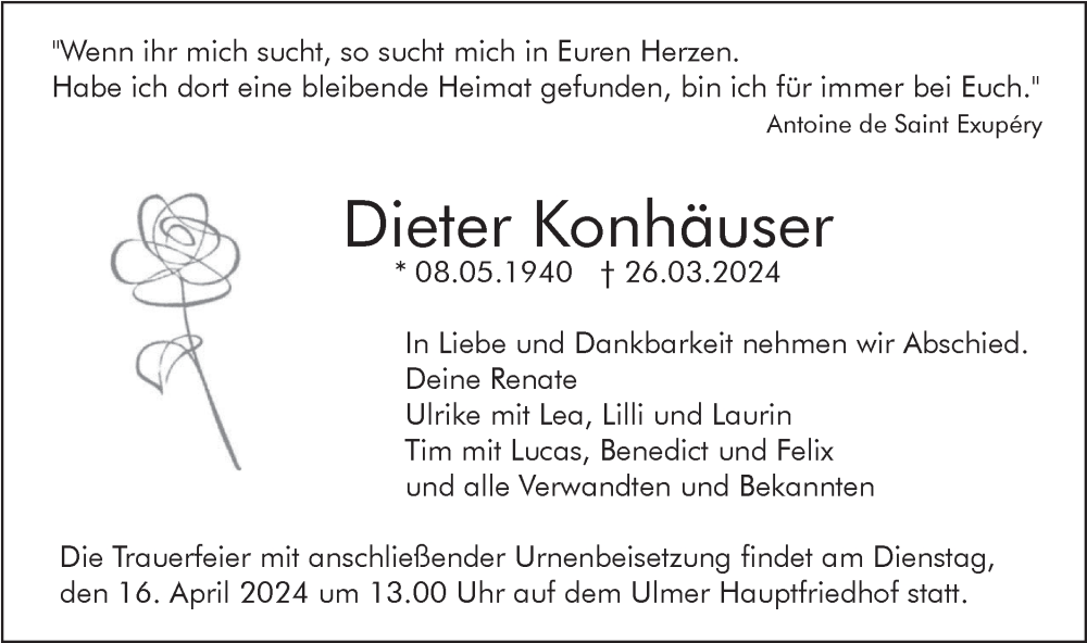  Traueranzeige für Dieter Konhäuser vom 09.04.2024 aus SÜDWEST PRESSE Ausgabe Ulm/Neu-Ulm