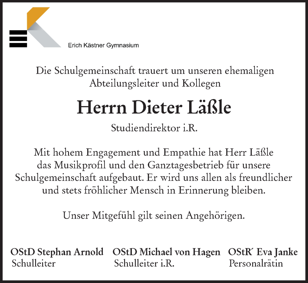  Traueranzeige für Dieter Läßle vom 27.04.2024 aus NWZ Neue Württembergische Zeitung