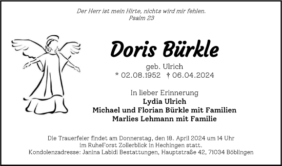 Traueranzeige von Doris Bürkle von SÜDWEST PRESSE Zollernalbkreis/Hohenzollerische Zeitung
