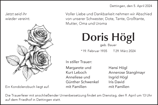Traueranzeige von Doris Högl von Alb-Bote/Metzinger-Uracher Volksblatt
