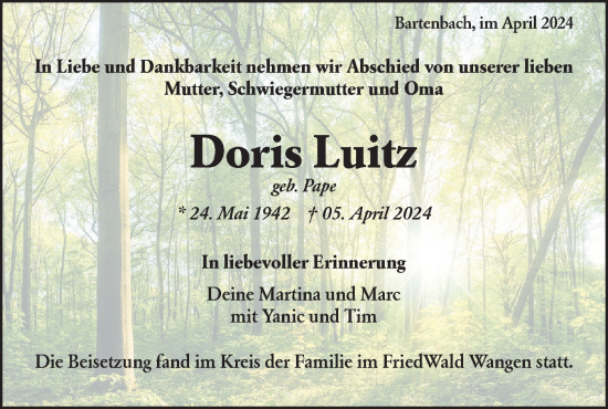 Traueranzeige von Doris Luitz von NWZ Neue Württembergische Zeitung