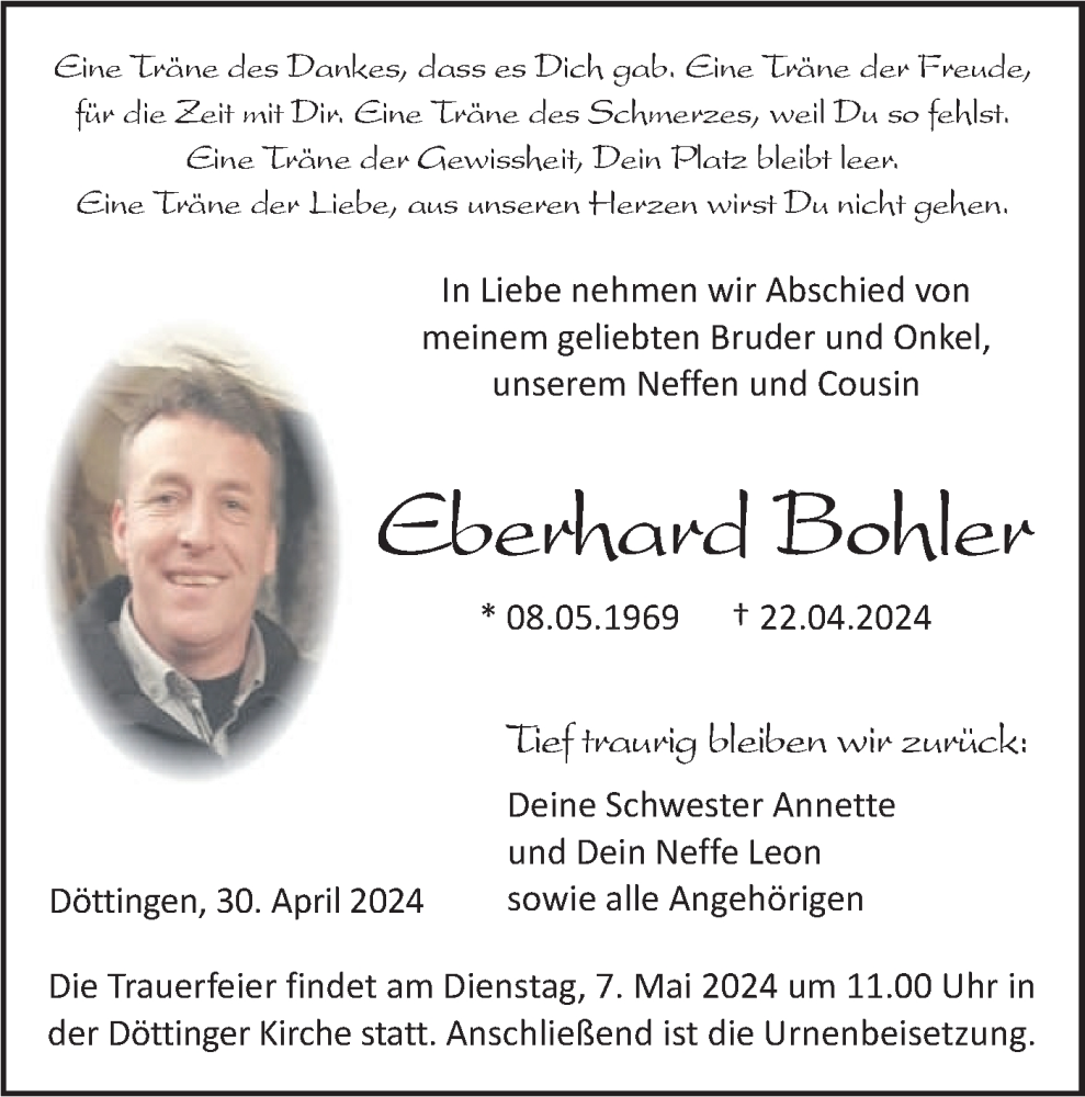  Traueranzeige für Eberhard Bohler vom 30.04.2024 aus Haller Tagblatt