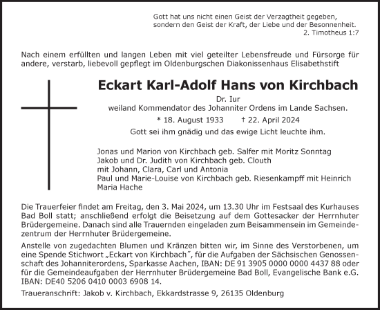 Traueranzeige von Eckart Karl-Adolf Hans  von Kirchbach von NWZ Neue Württembergische Zeitung