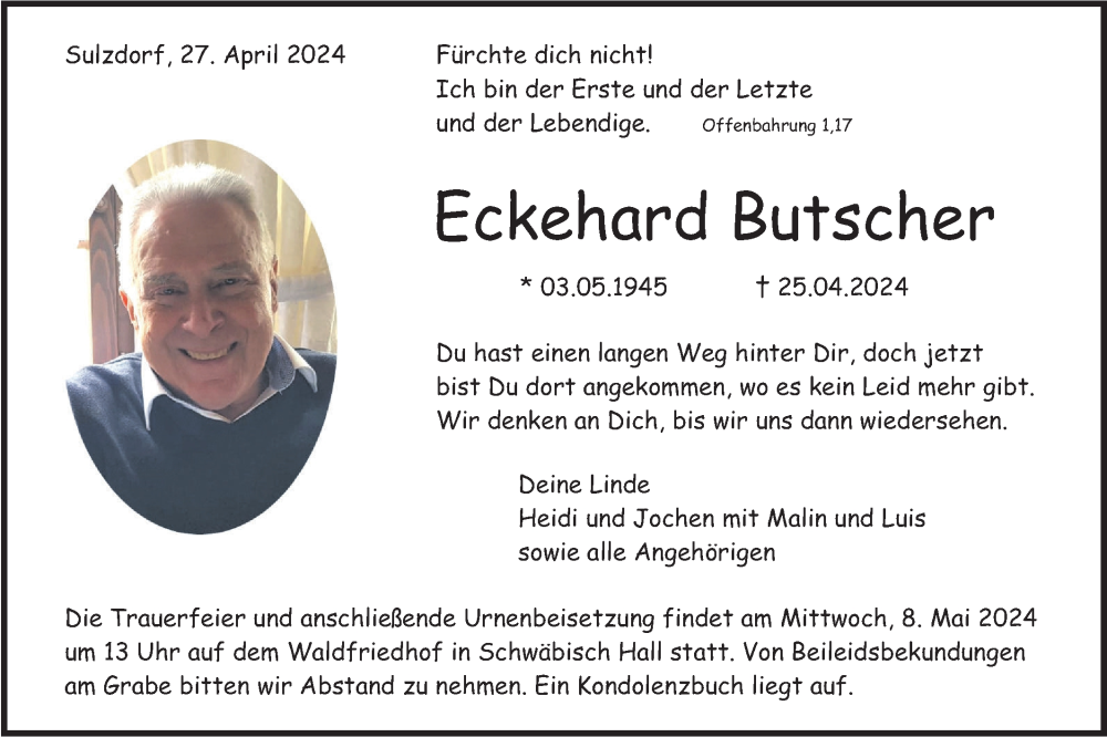  Traueranzeige für Eckehard Butscher vom 27.04.2024 aus Haller Tagblatt