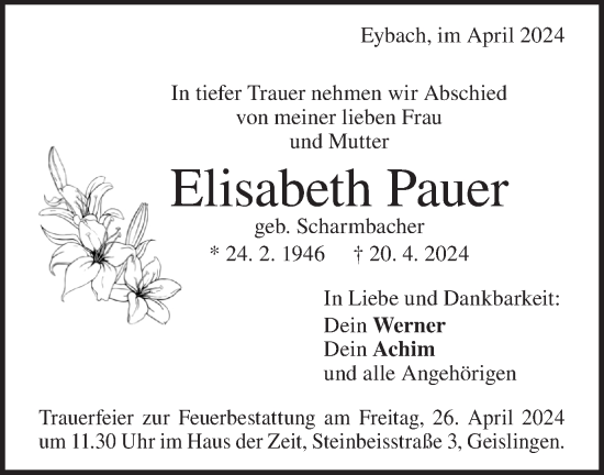 Traueranzeige von Elisabeth Pauer von Geislinger Zeitung