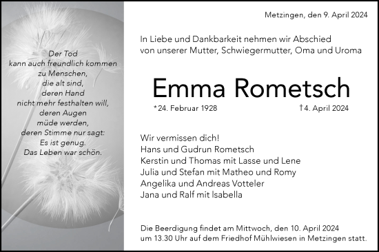 Traueranzeige von Emma Rometsch von Alb-Bote/Metzinger-Uracher Volksblatt
