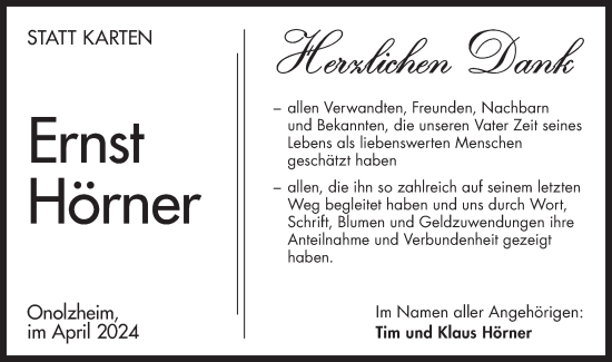 Traueranzeige von Ernst Hörner von Hohenloher Tagblatt