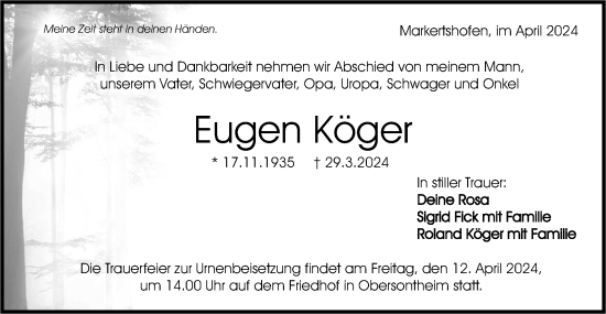 Traueranzeige von Eugen Köger von Haller Tagblatt/Hohenloher Tagblatt