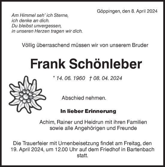 Traueranzeige von Frank Schönleber von NWZ Neue Württembergische Zeitung