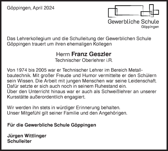 Traueranzeige von Franz Geszler von NWZ Neue Württembergische Zeitung