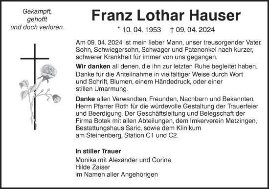 Traueranzeige von Franz Lothar Hauser von Alb-Bote/Metzinger-Uracher Volksblatt