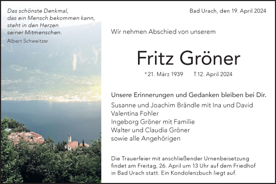 Traueranzeige von Fritz Gröner von Alb-Bote/Metzinger-Uracher Volksblatt