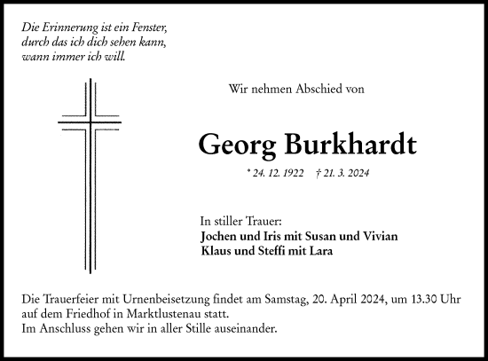 Traueranzeige von Georg Burkhardt von Hohenloher Tagblatt