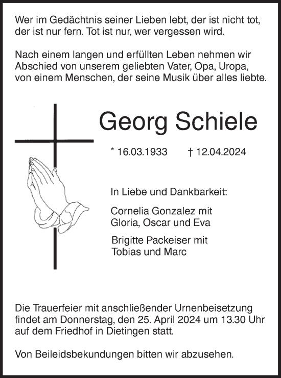 Traueranzeige von Georg Schiele von SÜDWEST PRESSE Ausgabe Ulm/Neu-Ulm