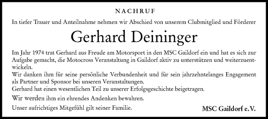 Traueranzeige von Gerhard Deininger von Rundschau Gaildorf