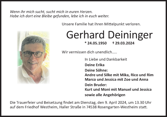 Traueranzeige von Gerhard Deininger von Rundschau Gaildorf/Haller Tagblatt